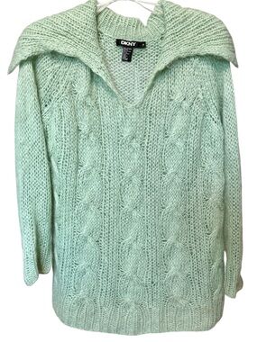 DKNY Cable Knit Mohair Blend Pullover Sweater Petite SM Mint Green Open Collar